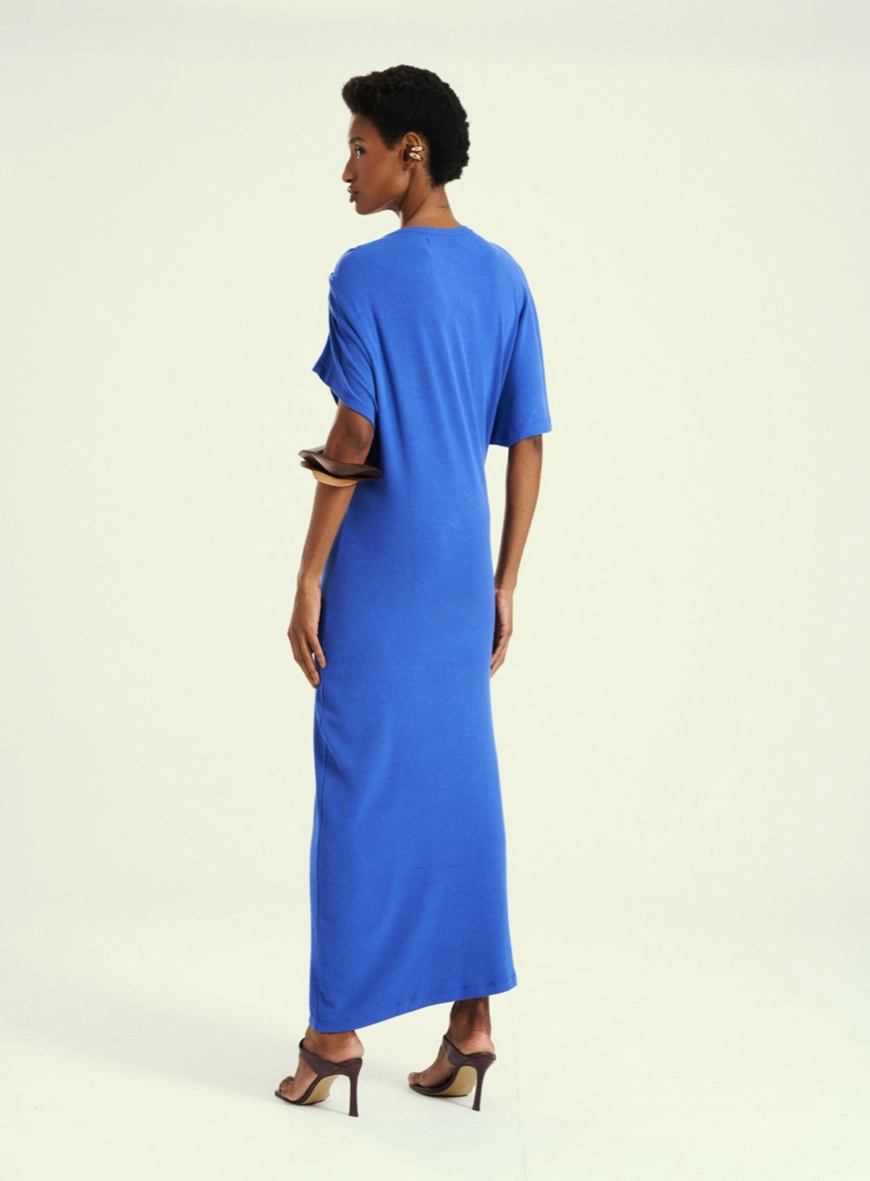 Vestido Feminino Longo Ombro Assimétrico Azul 2