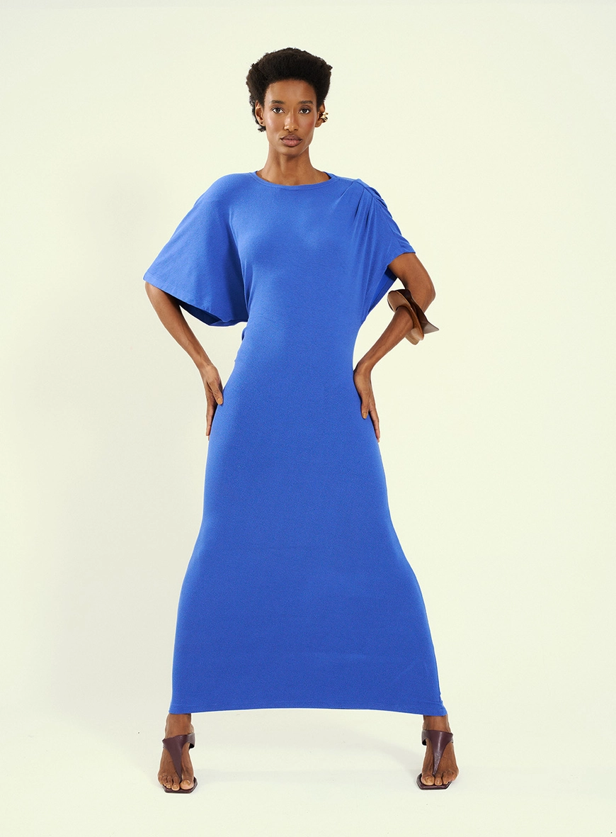 Vestido Feminino Longo Ombro Assimétrico Azul 4