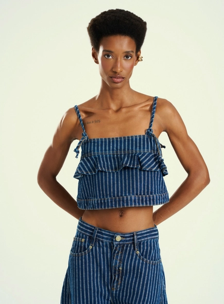 Top Cropped Jeans Estampado Com Alças Finas