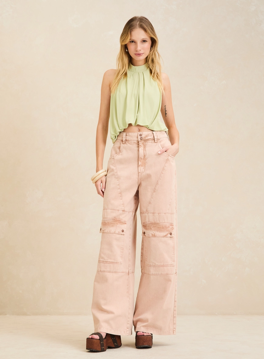 Calça Sarja Baggy Bolso Cargo Feminina Marrom 1