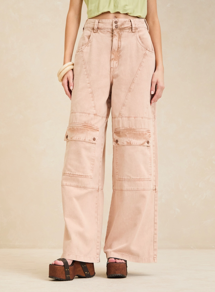 Calça Sarja Baggy Bolso Cargo Feminina Marrom 3