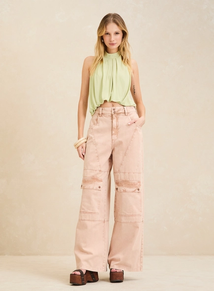 Calça Sarja Baggy Bolso Cargo Feminina