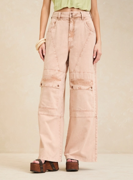 Calça Sarja Baggy Bolso Cargo Feminina