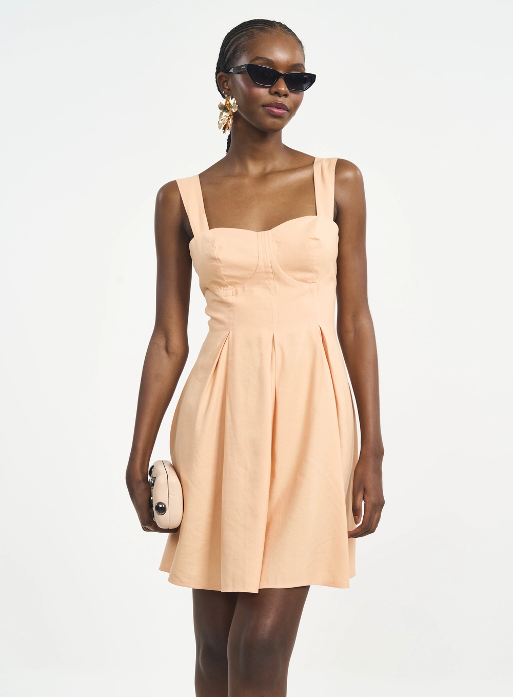 Vestido Curto Com Alças Largas E Pregas Laranja