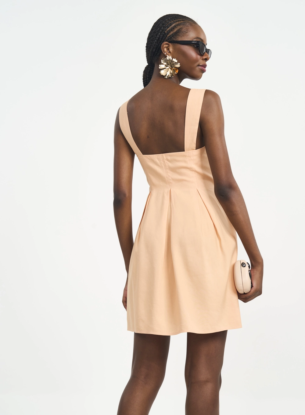 Vestido Curto Com Alças Largas E Pregas Laranja