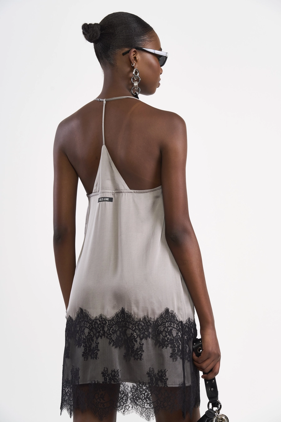 Vestido Slip Dress Acetinado Com Renda Cinza