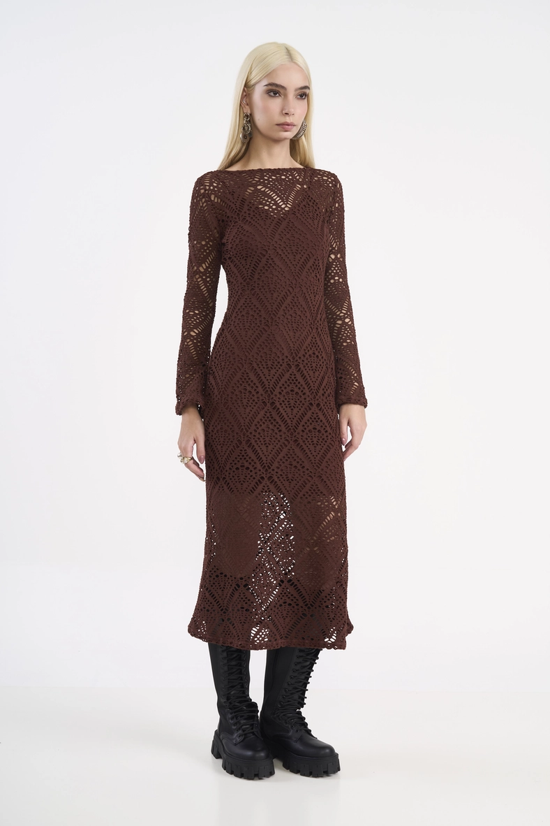 Vestido Midi De Renda Manga Flare