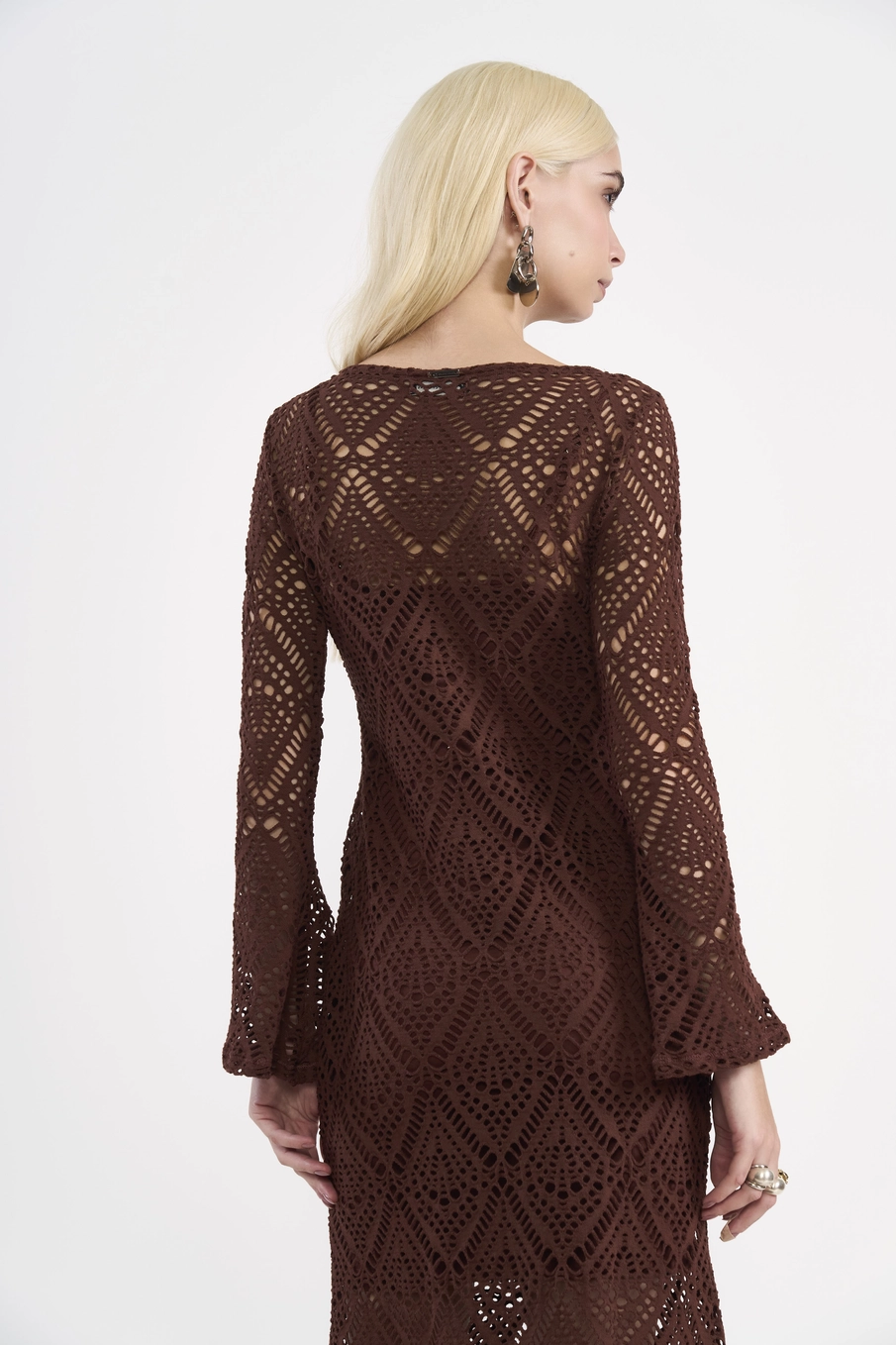 Vestido Midi De Renda Manga Flare Marrom