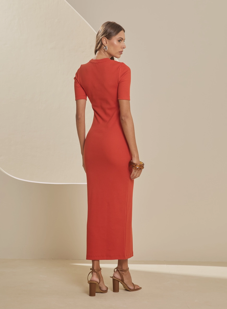 Vestido Midi Justo Canelado Laranja 2