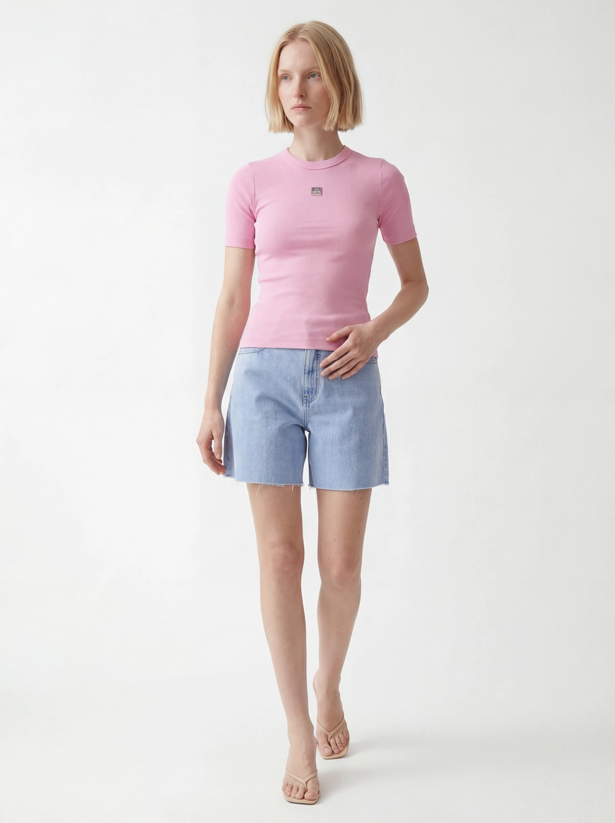 Blusa Slim Canelada Manga Curta Rosa 1