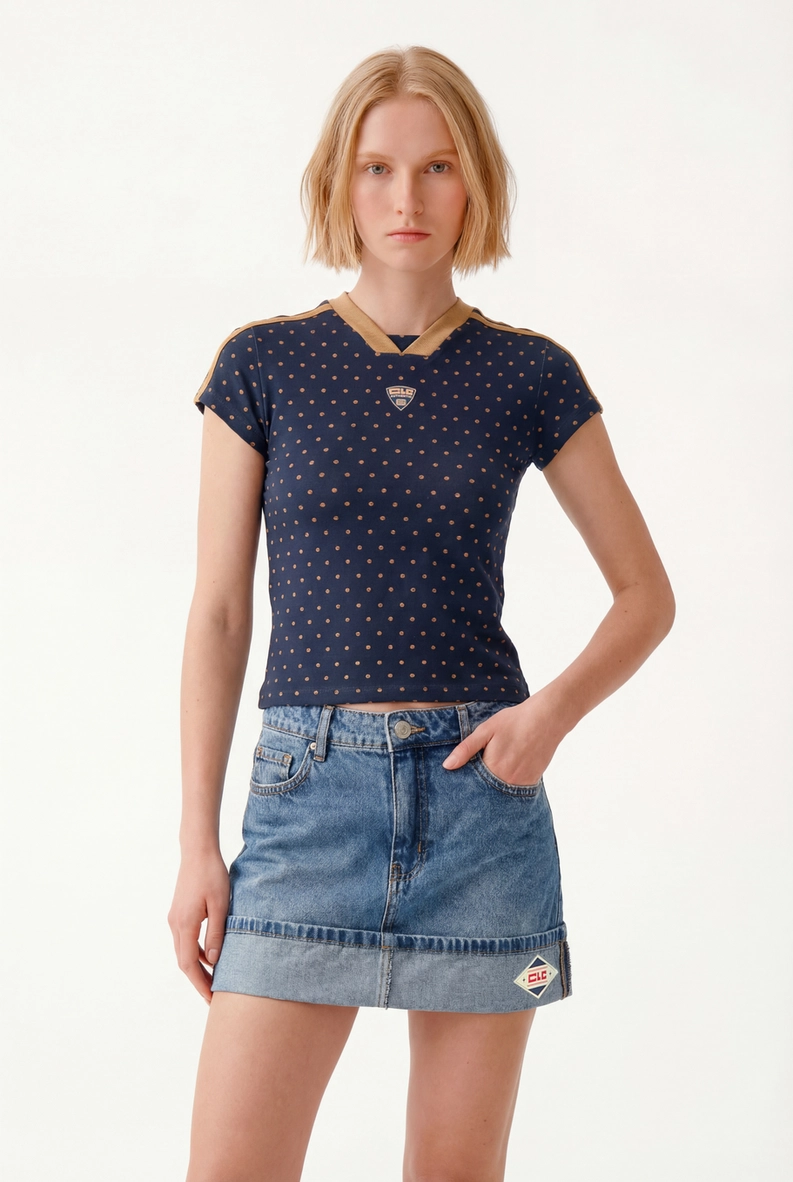Camiseta Feminina Baby Look - Poá Navy