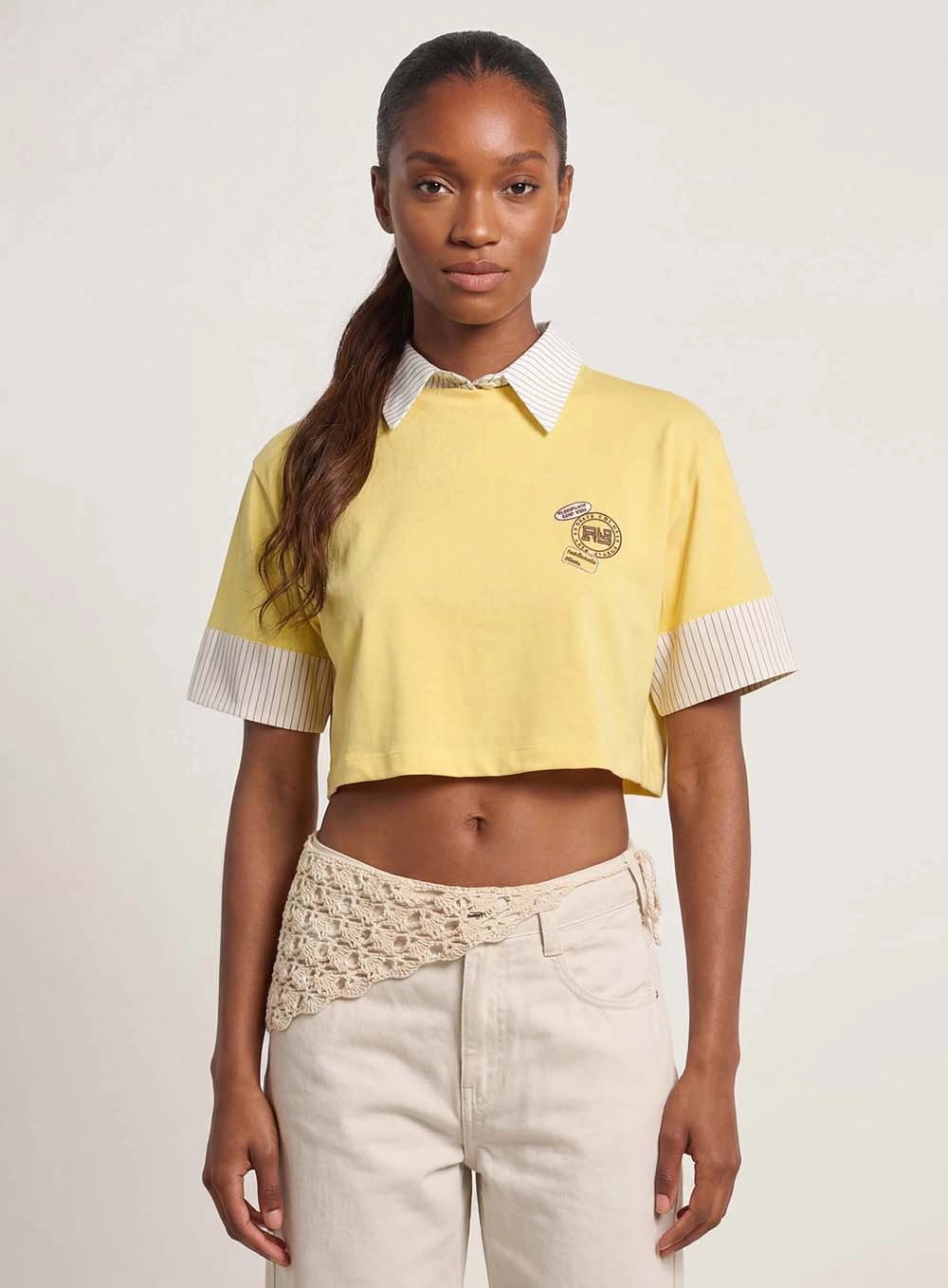 Camiseta Feminina Box Com Detalhe Listrado Amarelo 1