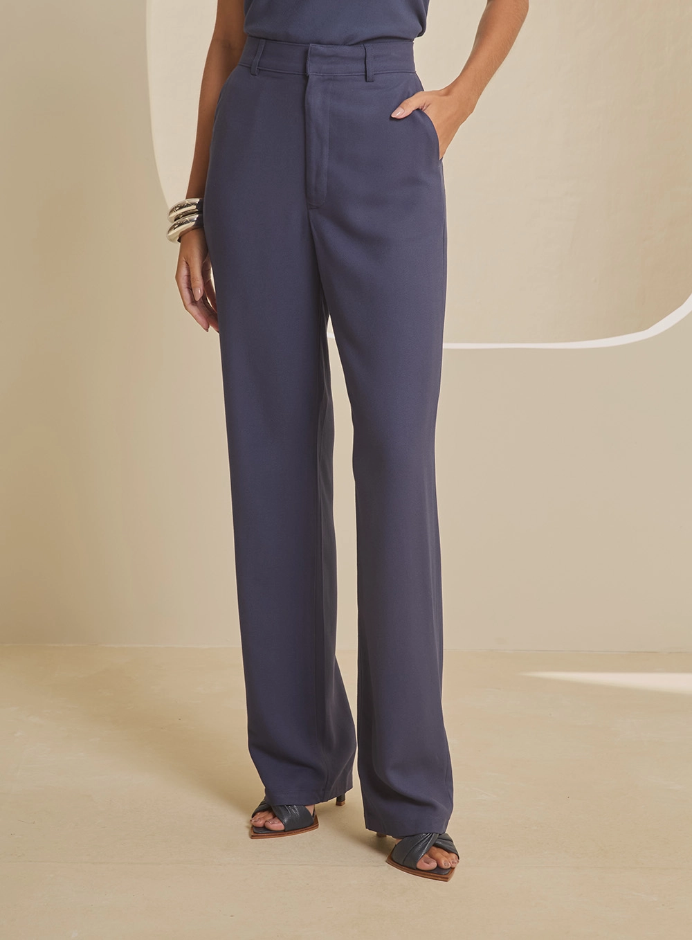 Calça Alfaiataria Reta Cintura Alta Feminina Azul 3