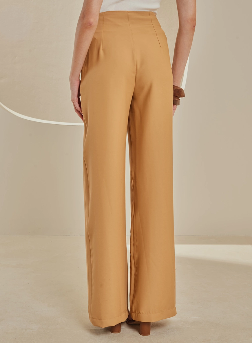 Calça Alfaiataria Feminina Reta Cintura Alta Bege