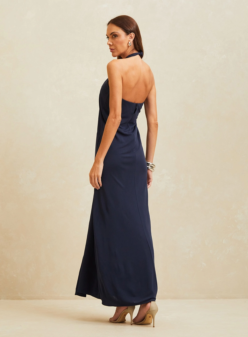 Vestido Longo Halter Com Amarração Azul