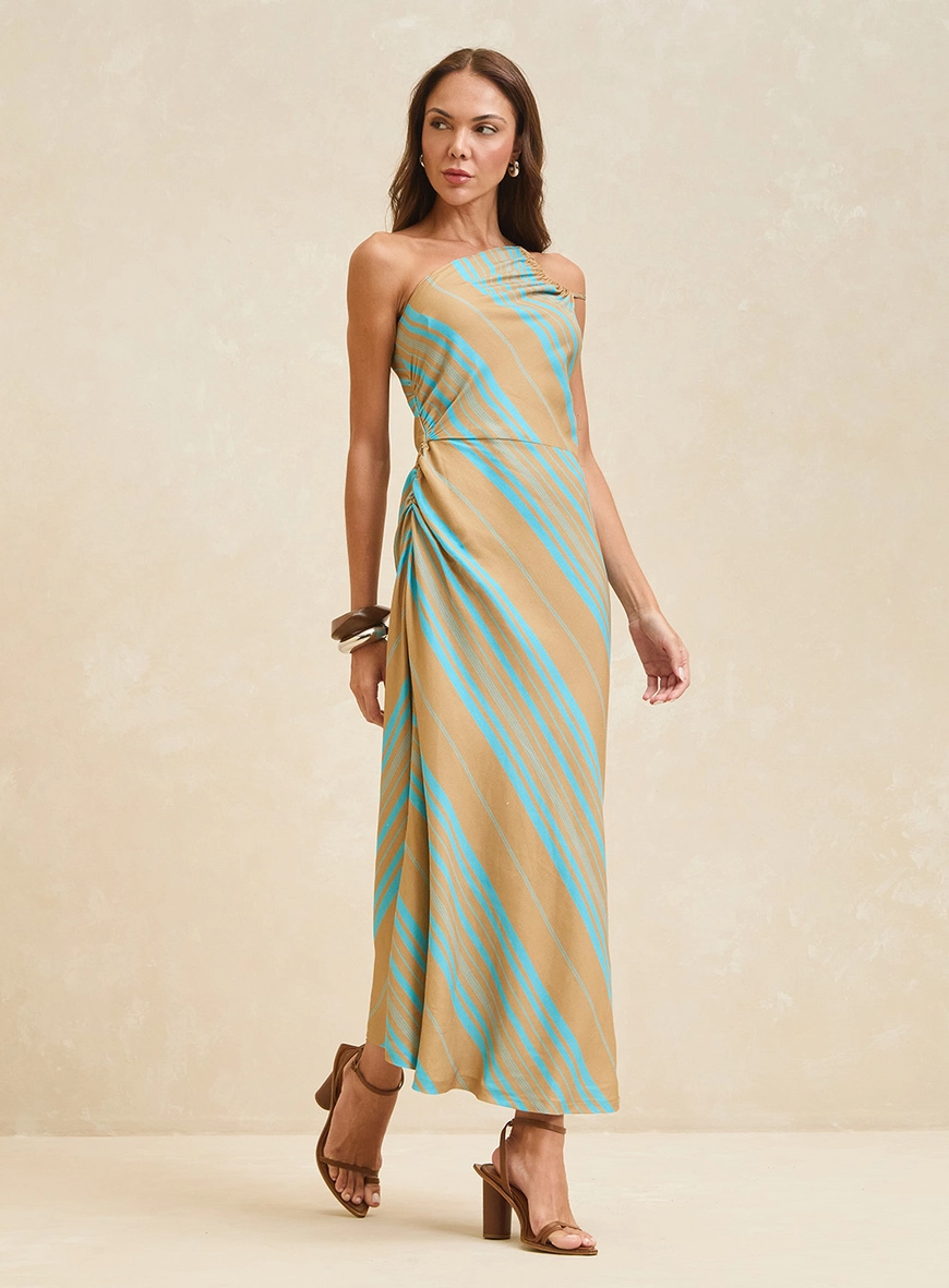 Vestido Midi Enviesada Ombro Só Estampado Estampados