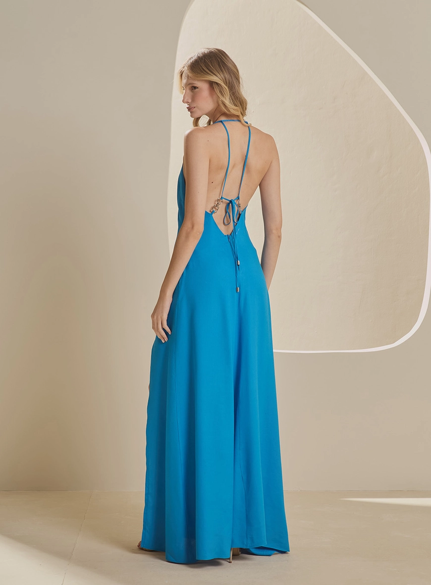 Vestido Longo Evasê Frente Única Azul