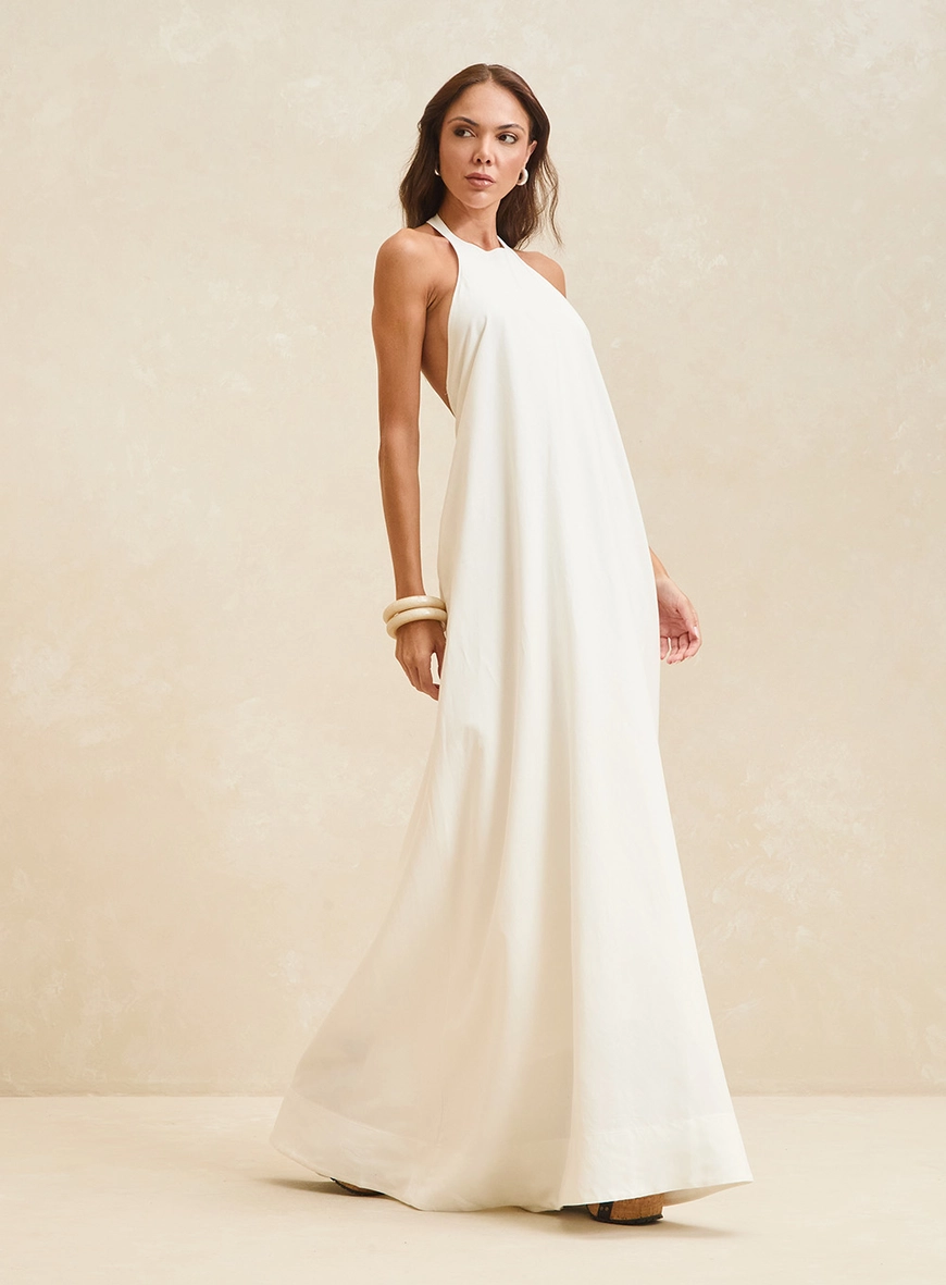 Vestido Longo Frente Única Com Bolsos Off Shell