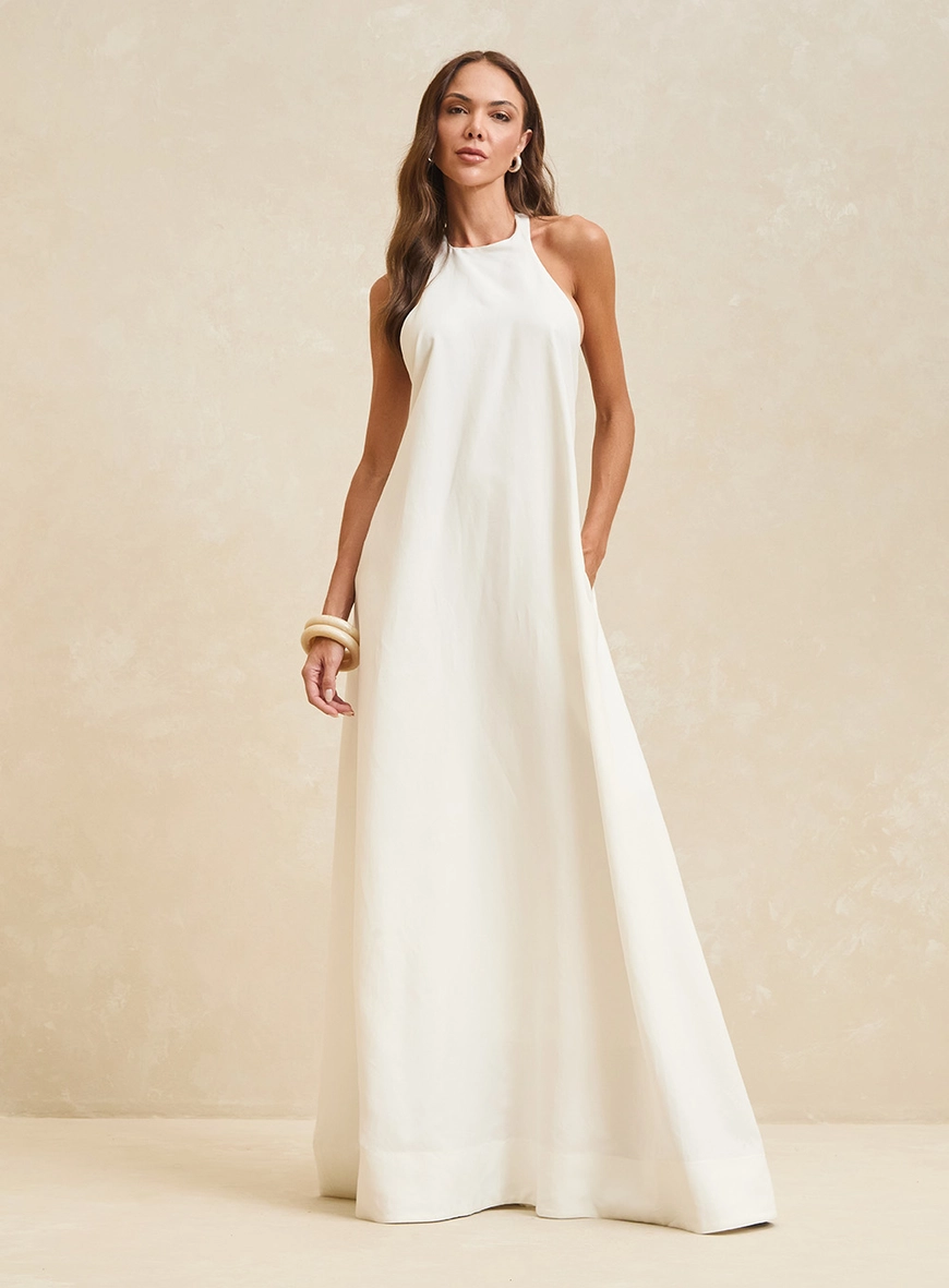 Vestido Longo Frente Única Com Bolsos Off Shell