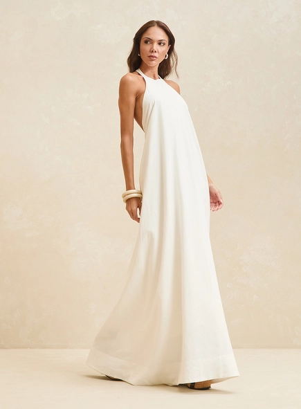 Vestido Longo Frente Única Com Bolsos