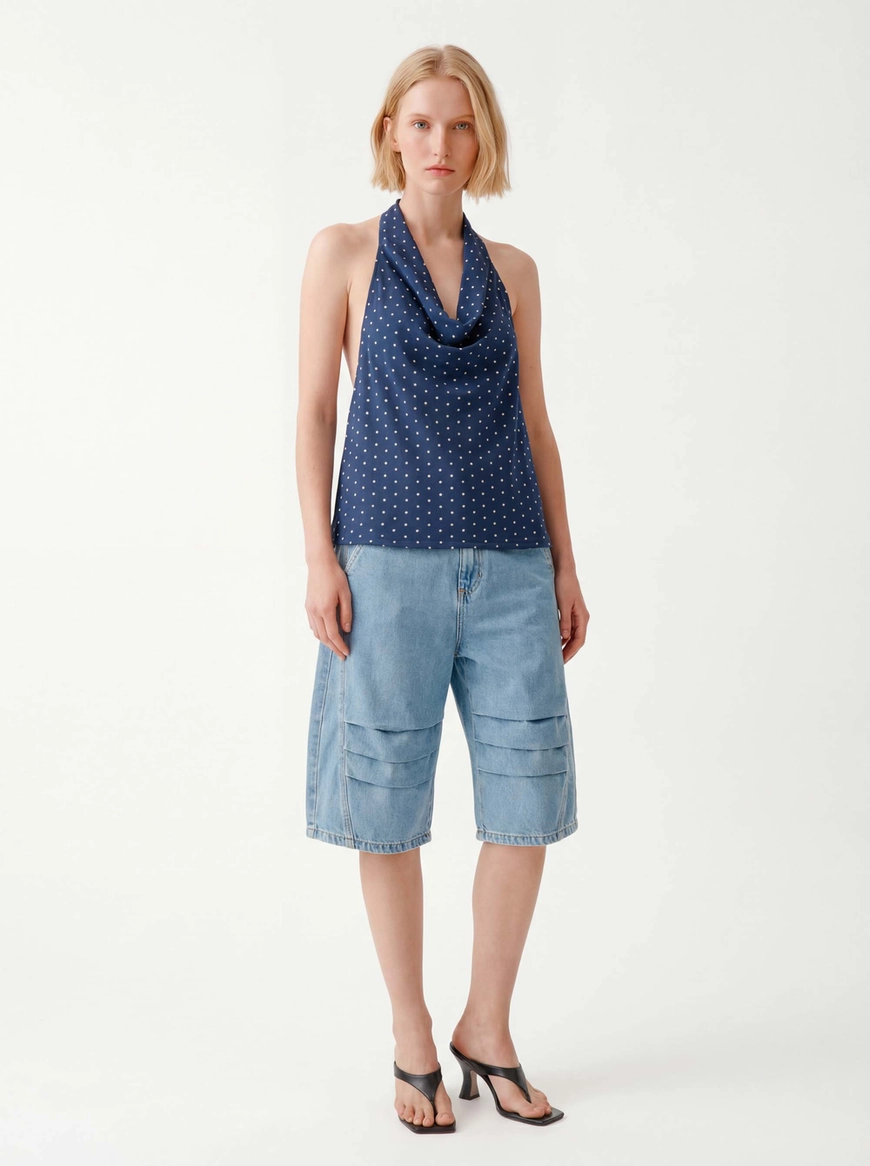 Blusa Slim Frente Única Decote Degagê - Poá Navy