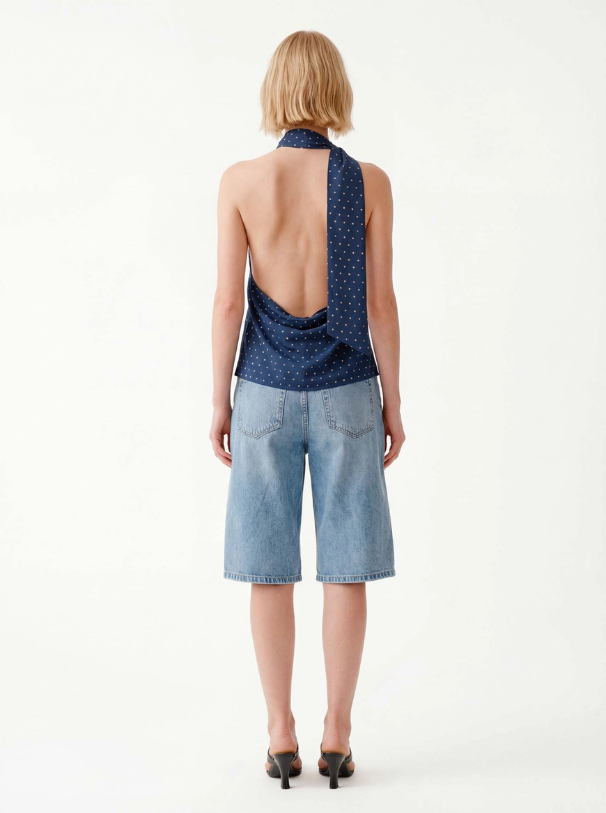 Blusa Slim Frente Única Decote Degagê - Poá Navy