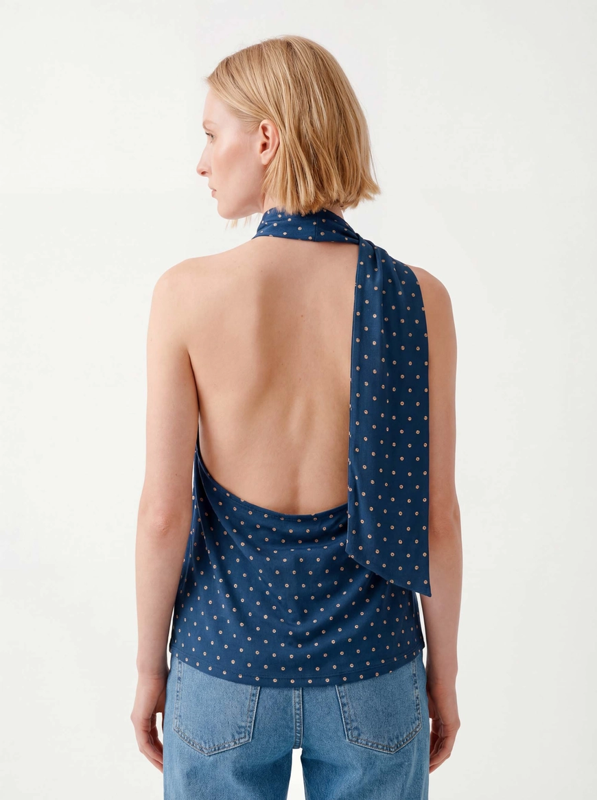 Blusa Slim Frente Única Decote Degagê - Poá Navy Estampados 4