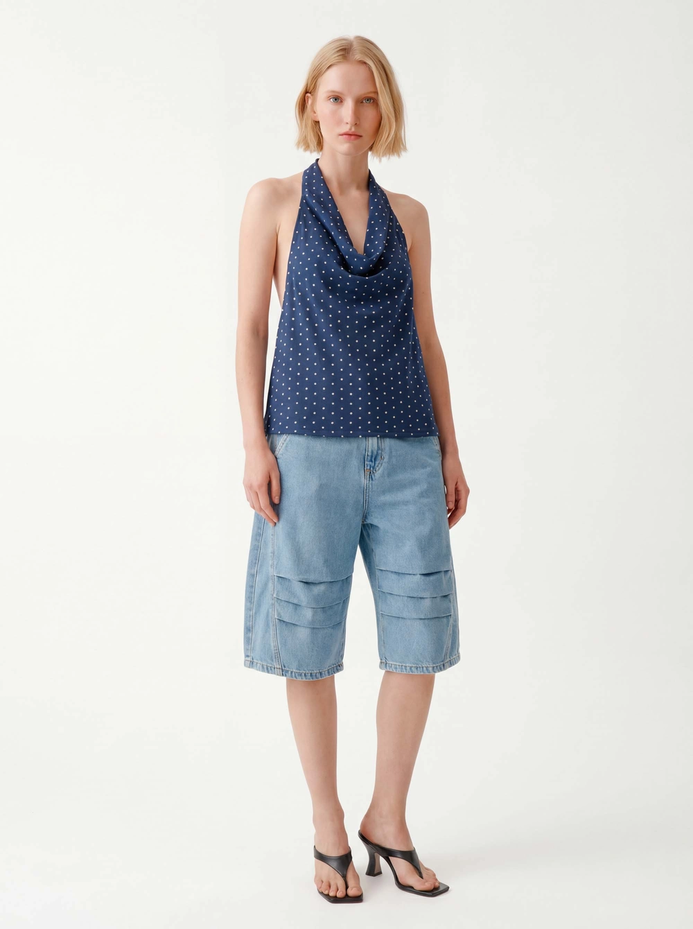 Blusa Slim Frente Única Decote Degagê - Poá Navy Estampados 1