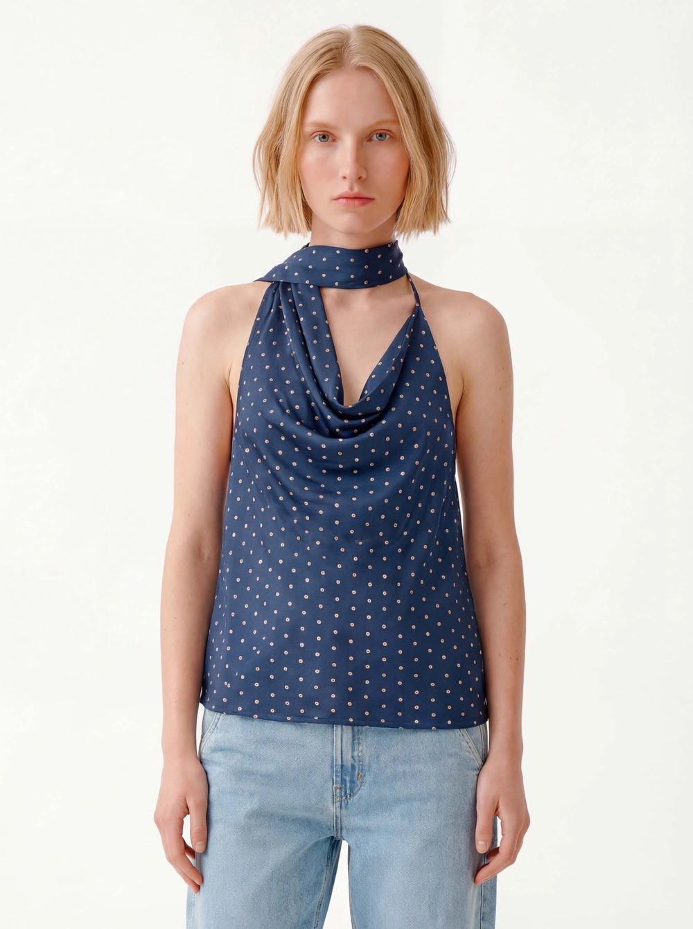 Blusa Slim Frente Única Decote Degagê - Poá Navy Estampados 3