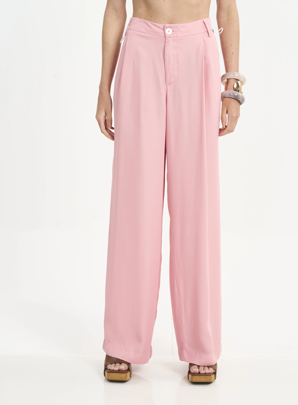 Calça Pantalona Com Pregas E Lastex Rosa