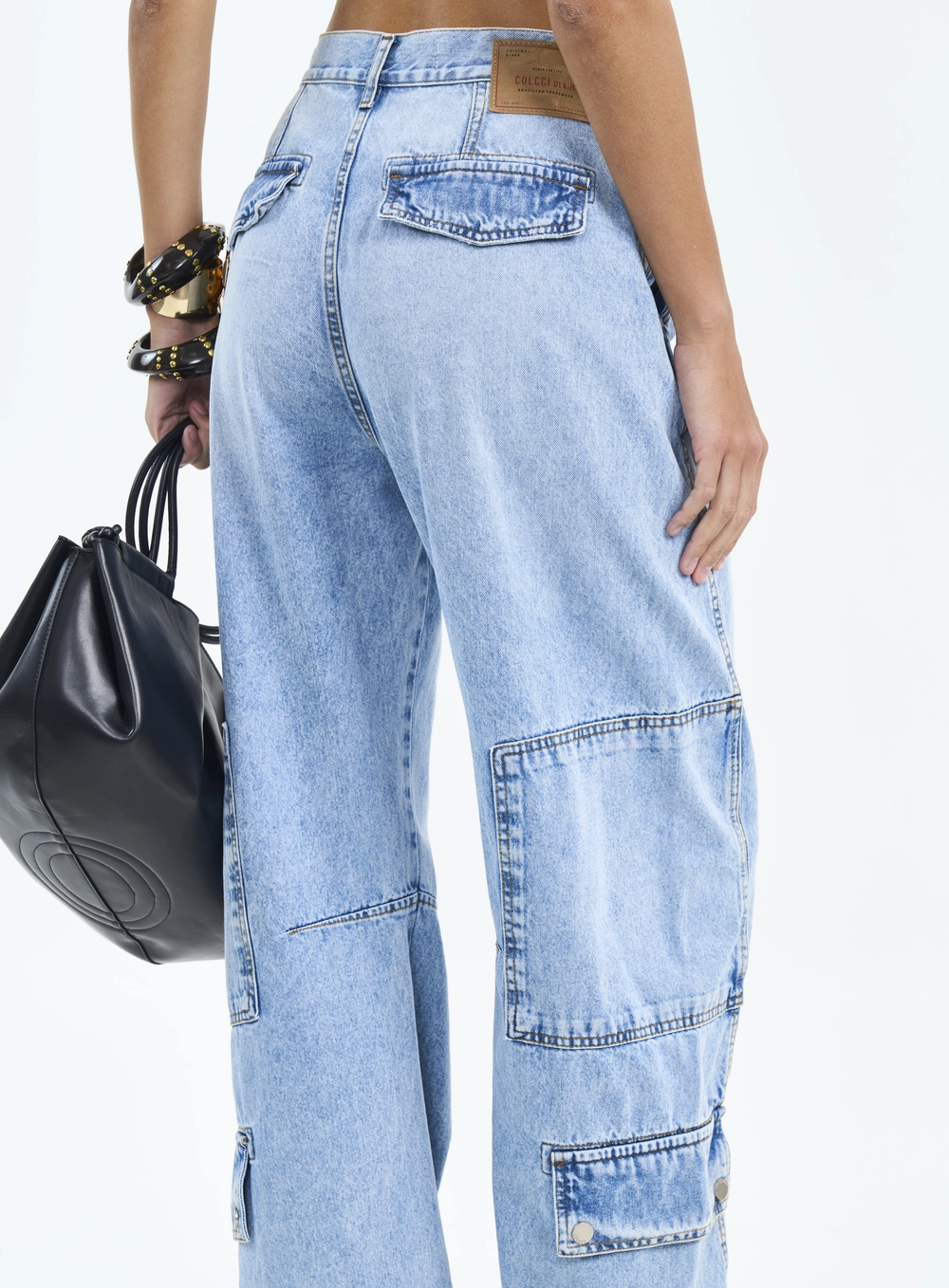 Calça Feminina Wide Leg Com Bolsos Cargo Índigo
