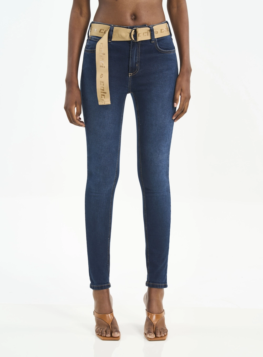Calça Skinny Jeans Com Cinto Índigo