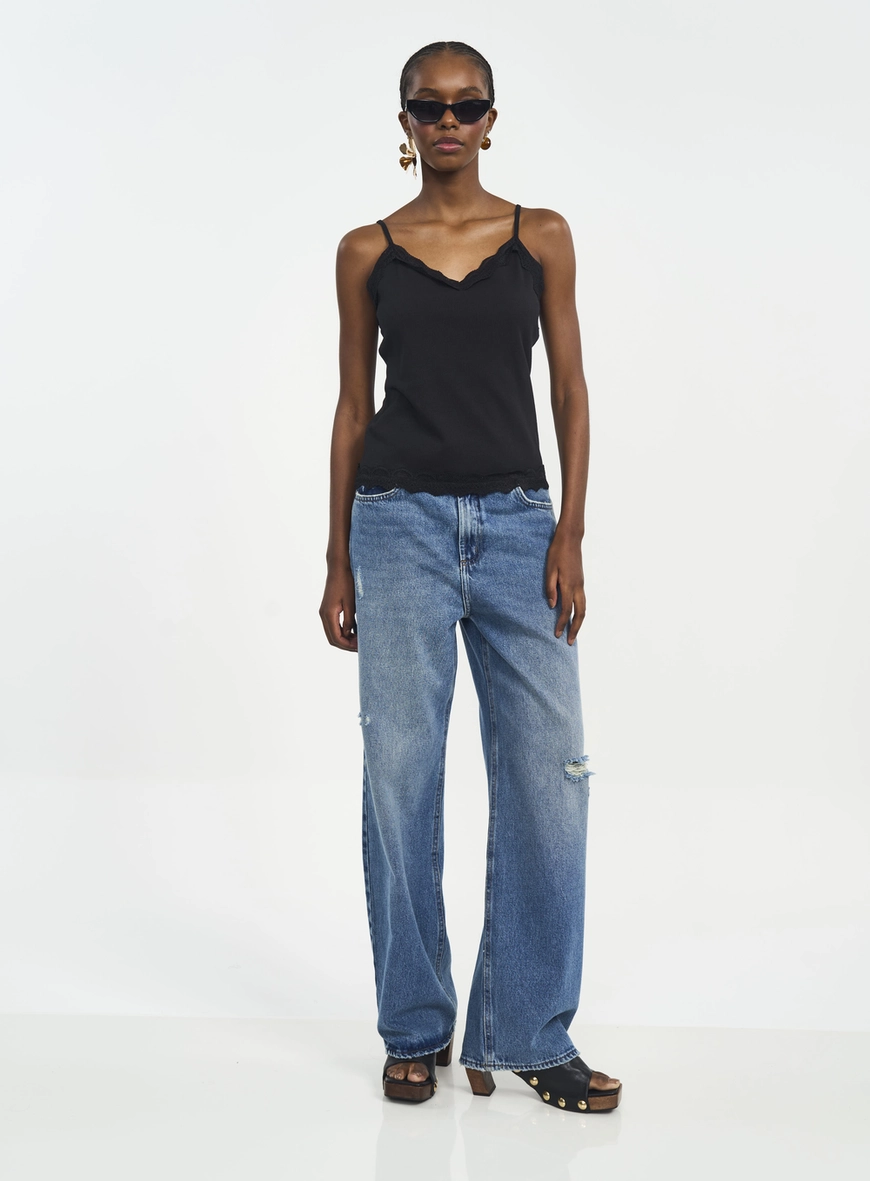 Calça Jeans Feminina Wide Leg Bruna Low Com Bolsos