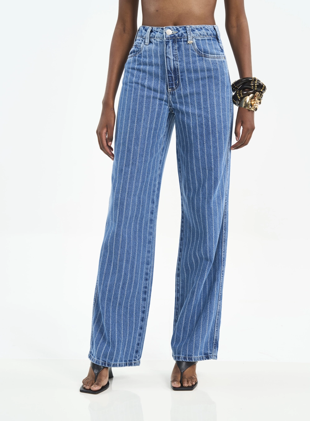 Calça Juliette Wide Leg Jeans Com Listras Estampados