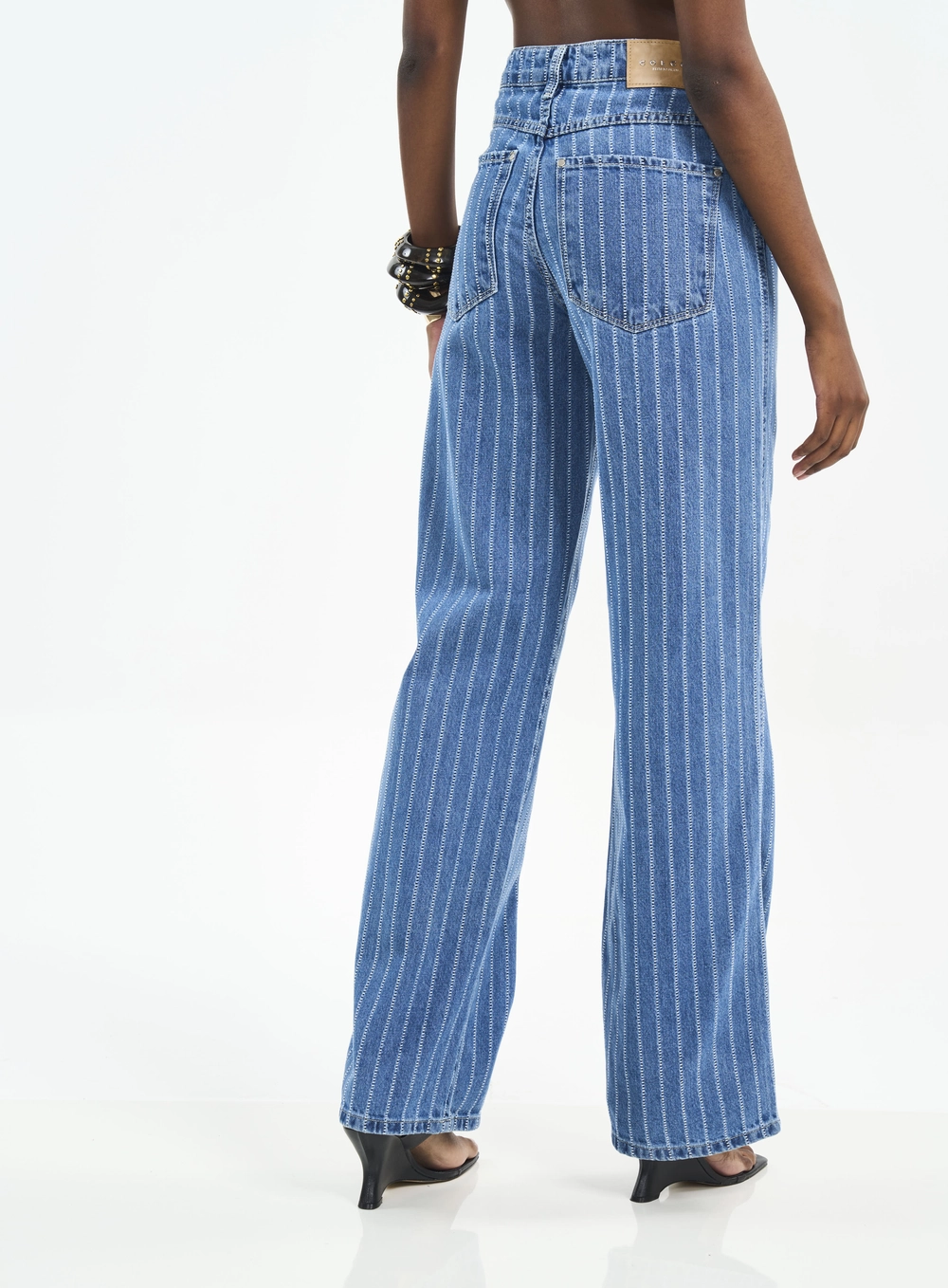 Calça Juliette Wide Leg Jeans Com Listras Estampados