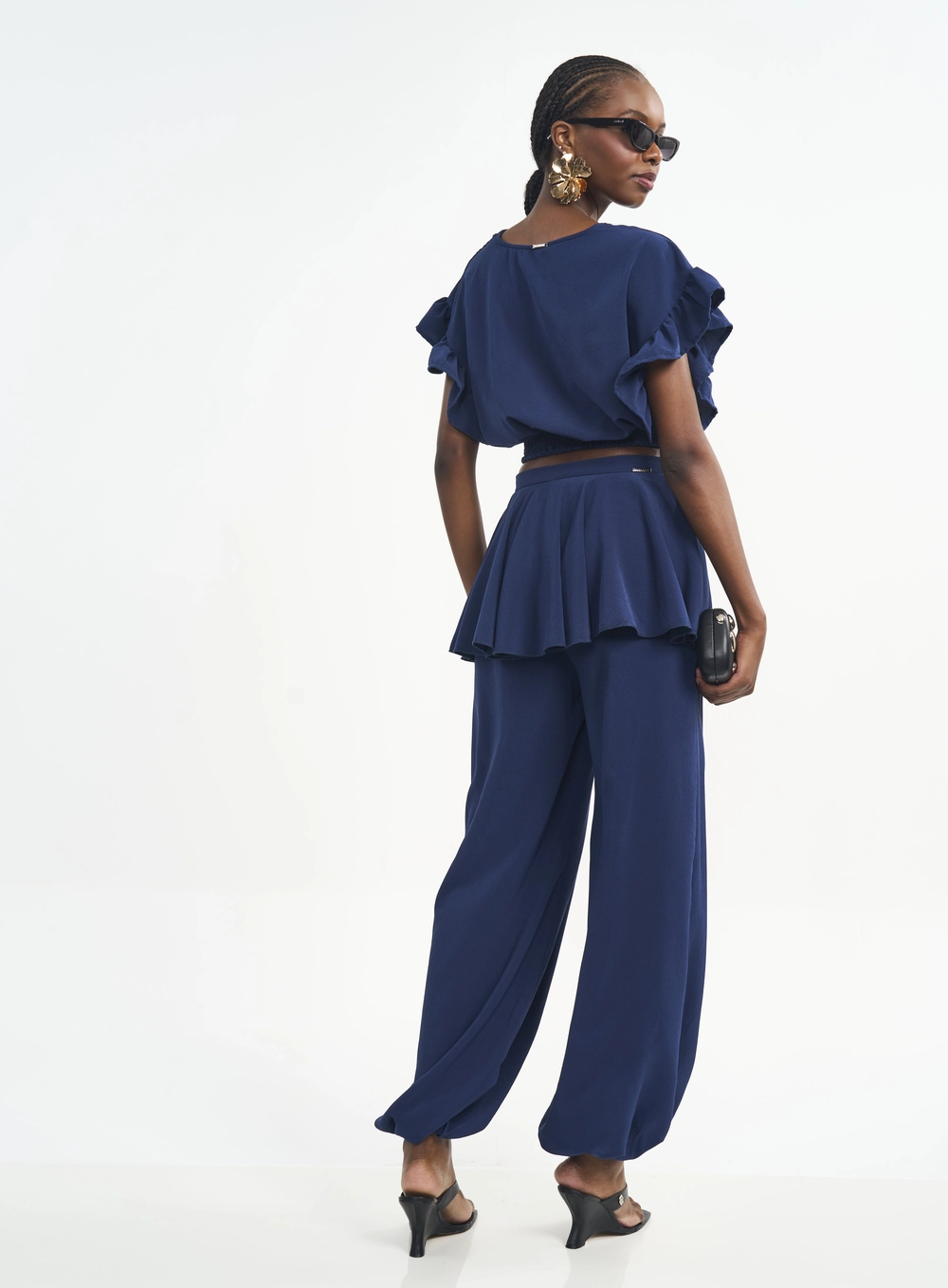 Calça Feminina Pantalona Com Peplum Azul