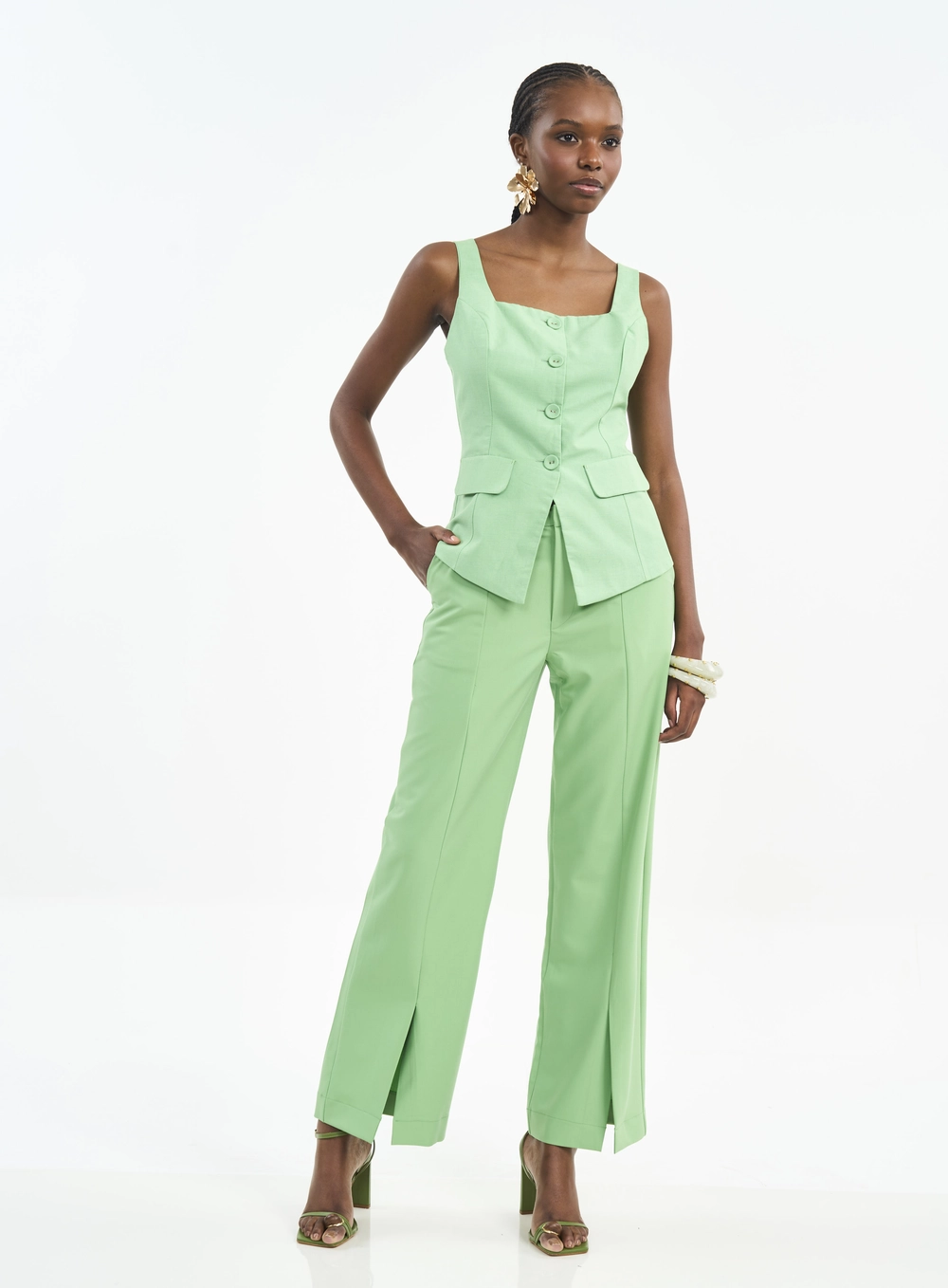 Calça Feminina Com Fendas E Lapelas Verde Veggir
