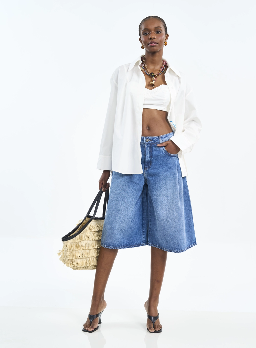 Bermuda Wide Leg Com Bolsos Índigo