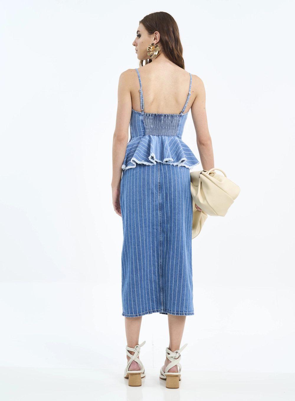 Saia Midi Com Risca De Giz E Fenda Estampados