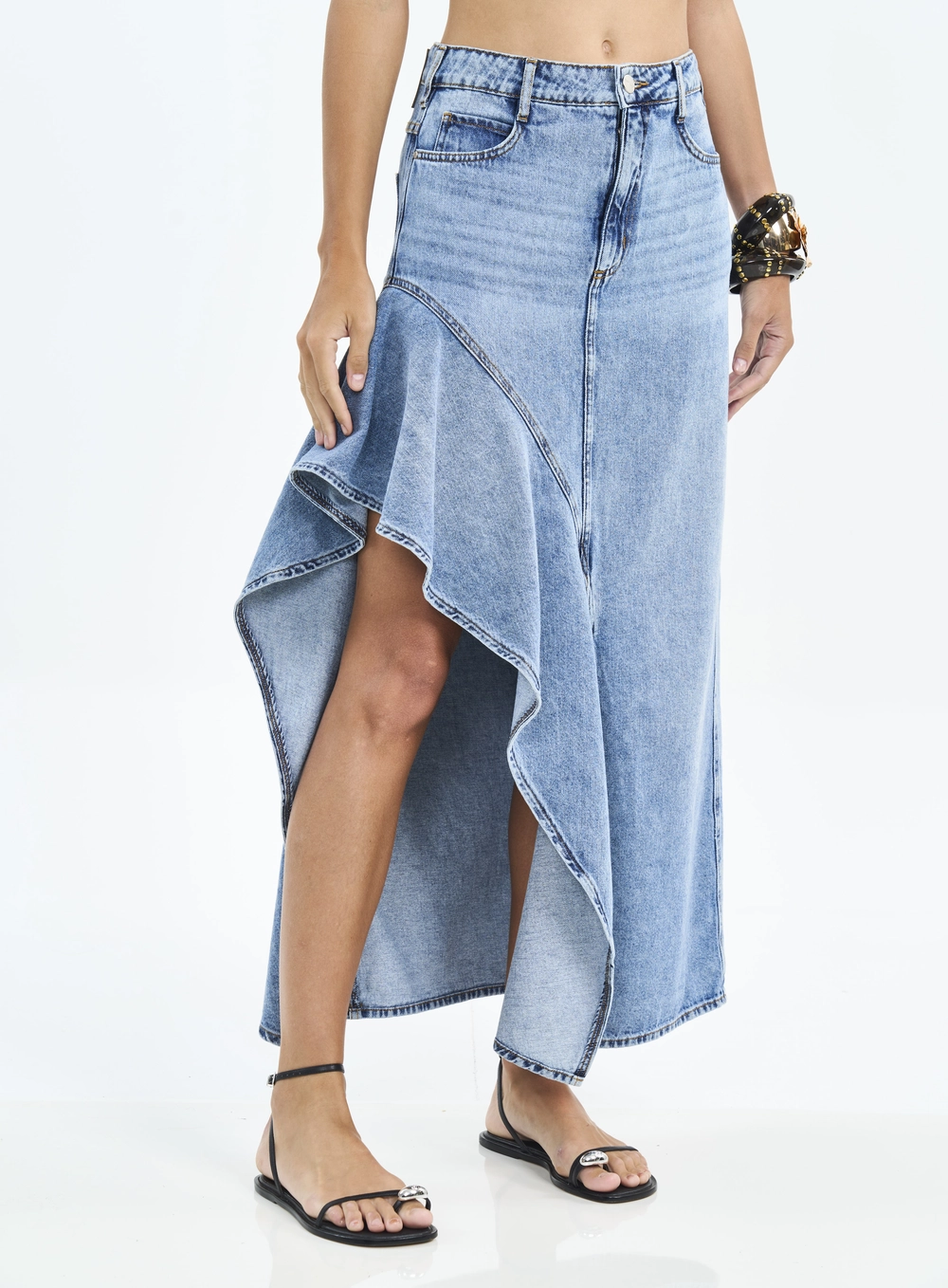 Saia Jeans Longa Assimétrica Com Babado Índigo