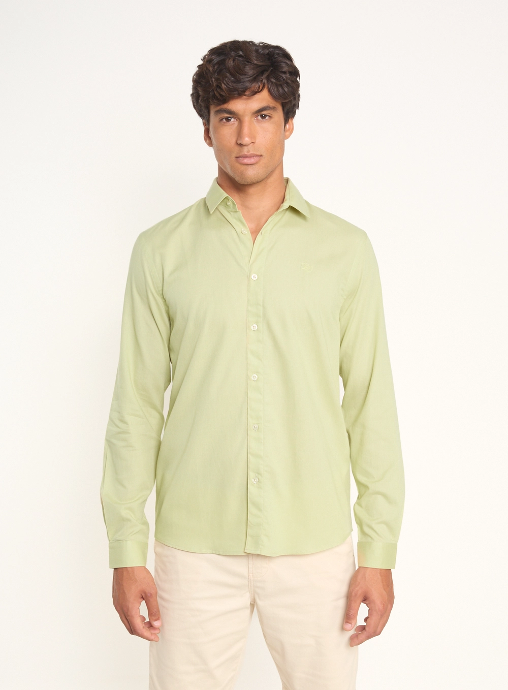 Camisa Masculina Manga Longa Com Botões Bege