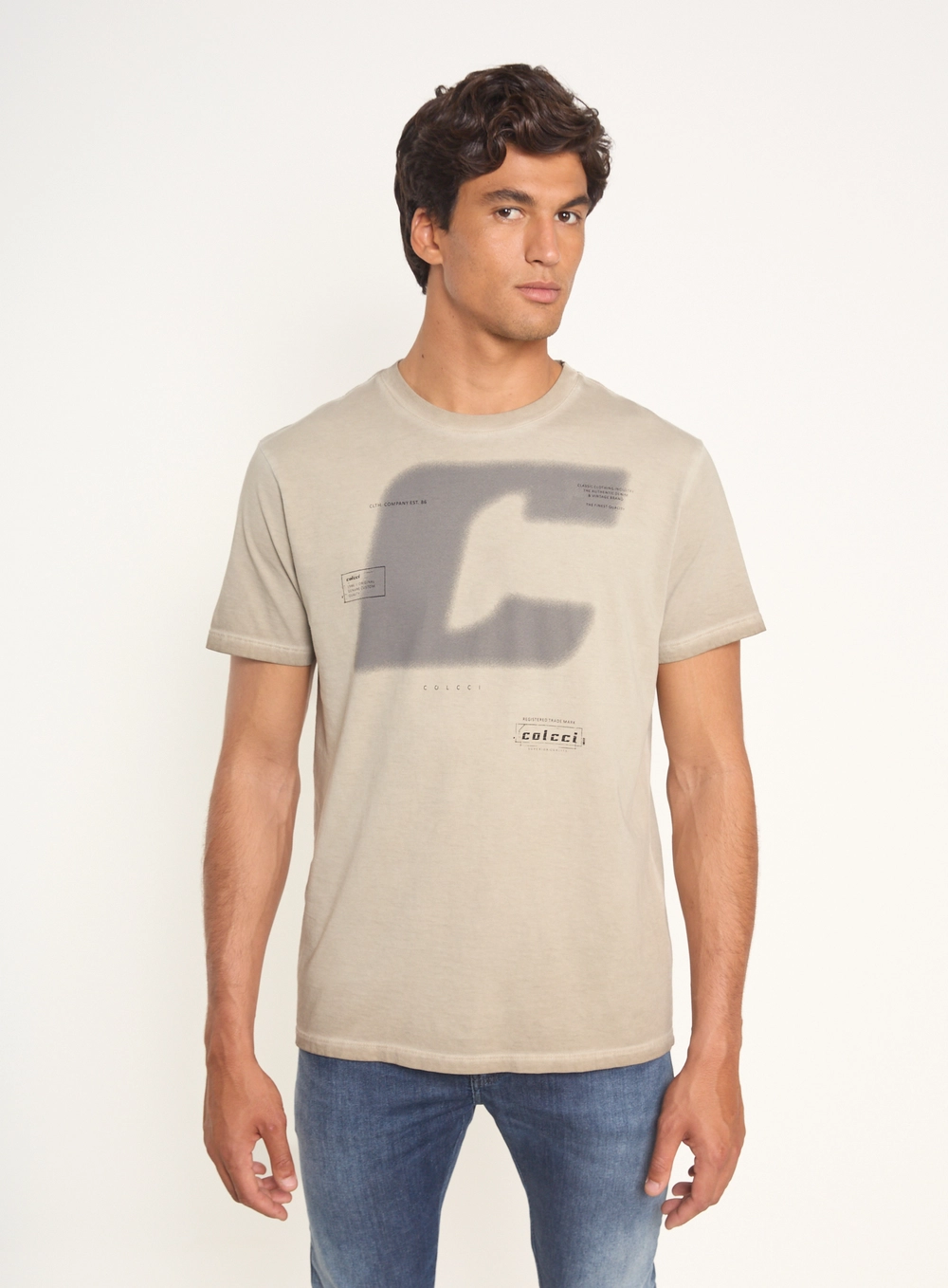 Camiseta Masculina Com Estampa E Efeito Estonado Bege