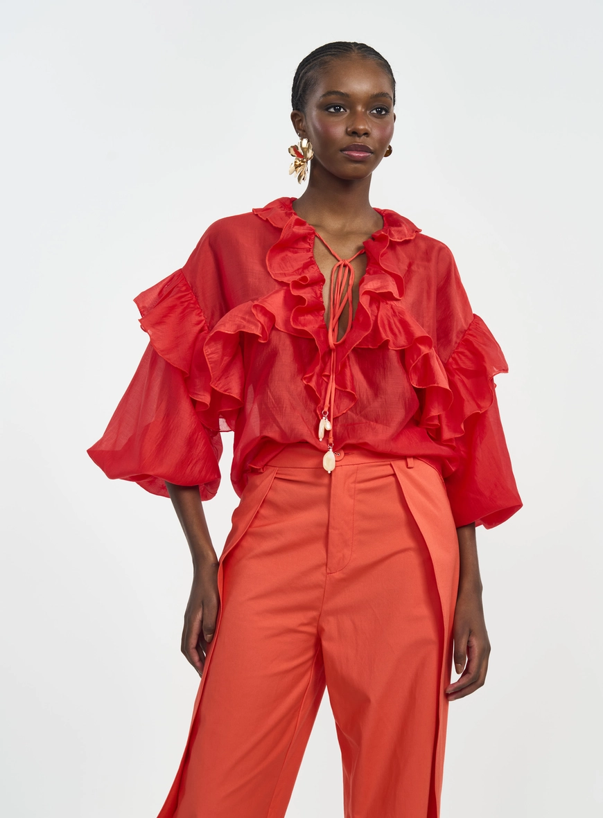 Blusa Feminina Com Babados E Amarração