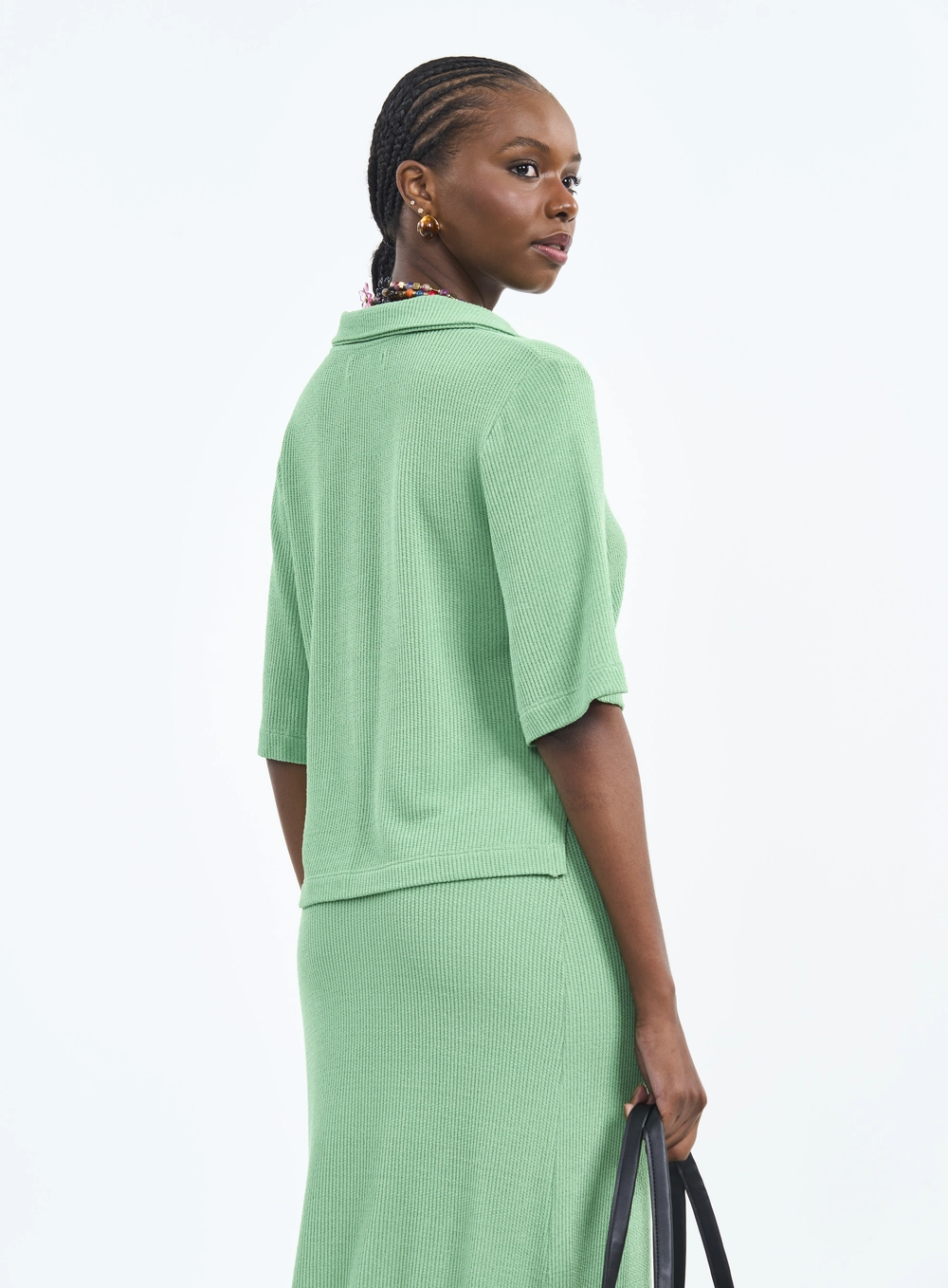 Blusa Com Gola Polo E Malha Canelada Verde Veggir