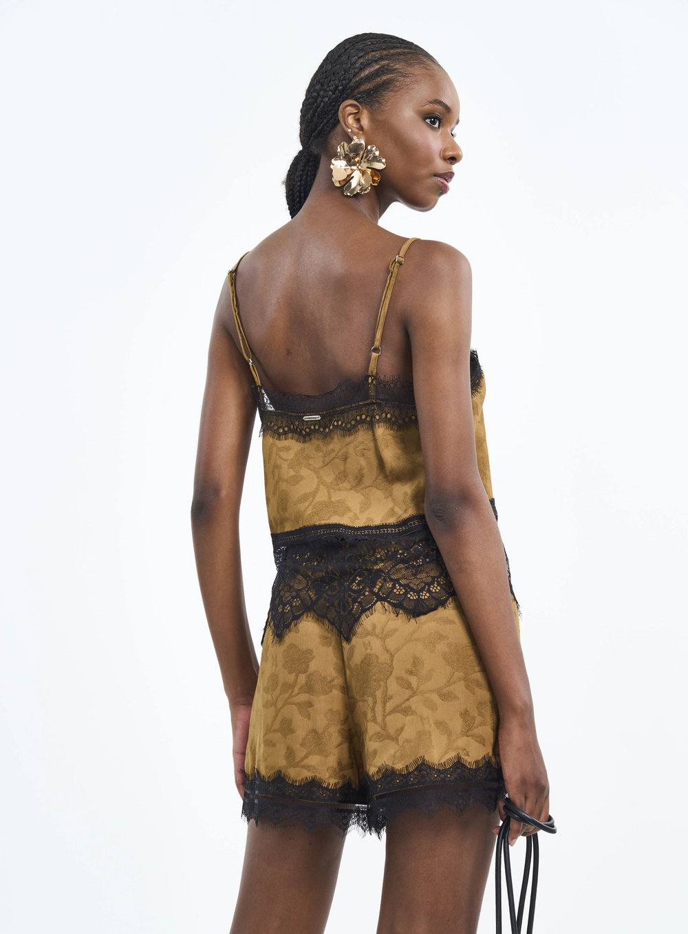 Blusa Com Renda E Jacquard Marrom
