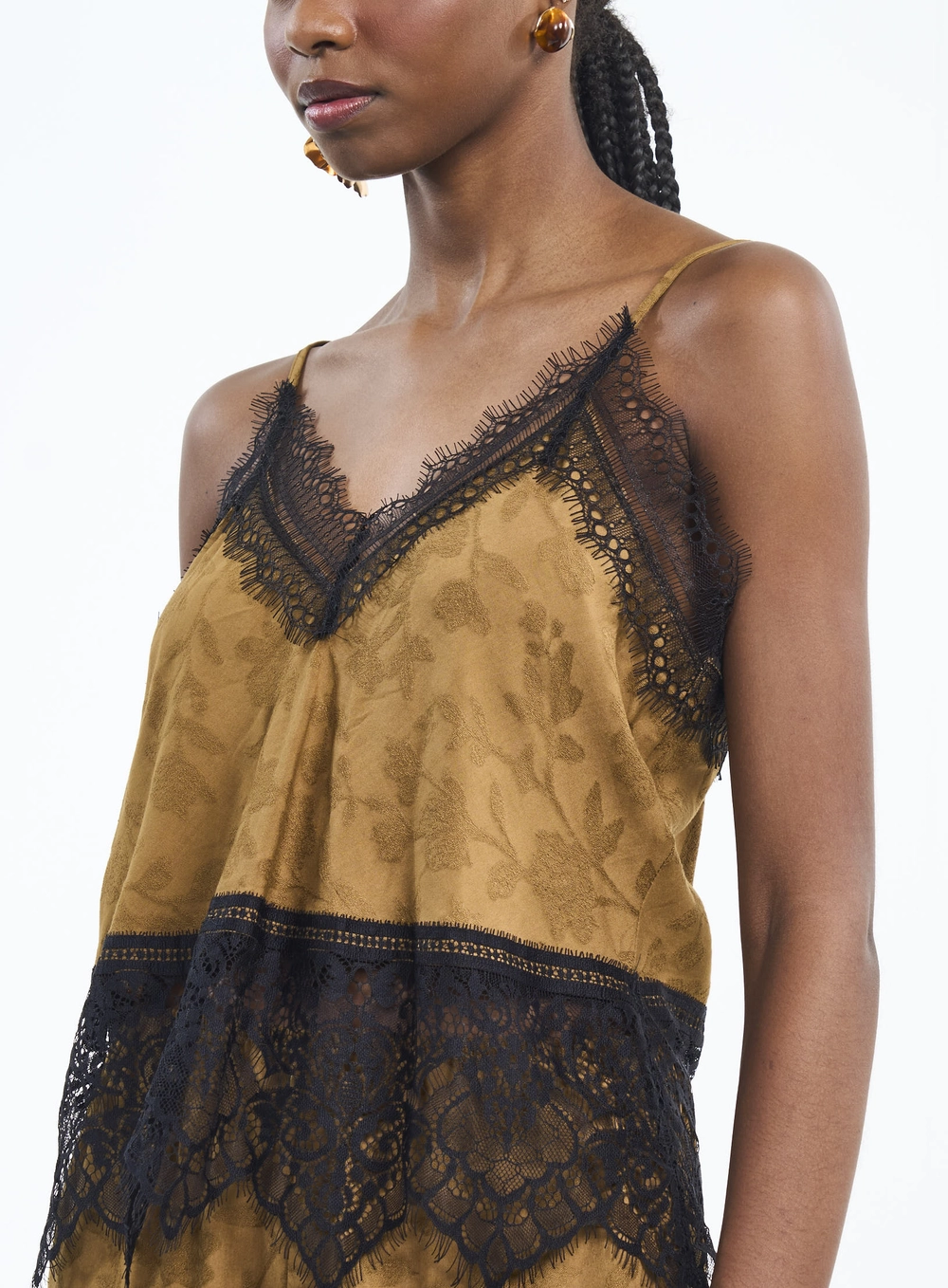 Blusa Com Renda E Jacquard Marrom