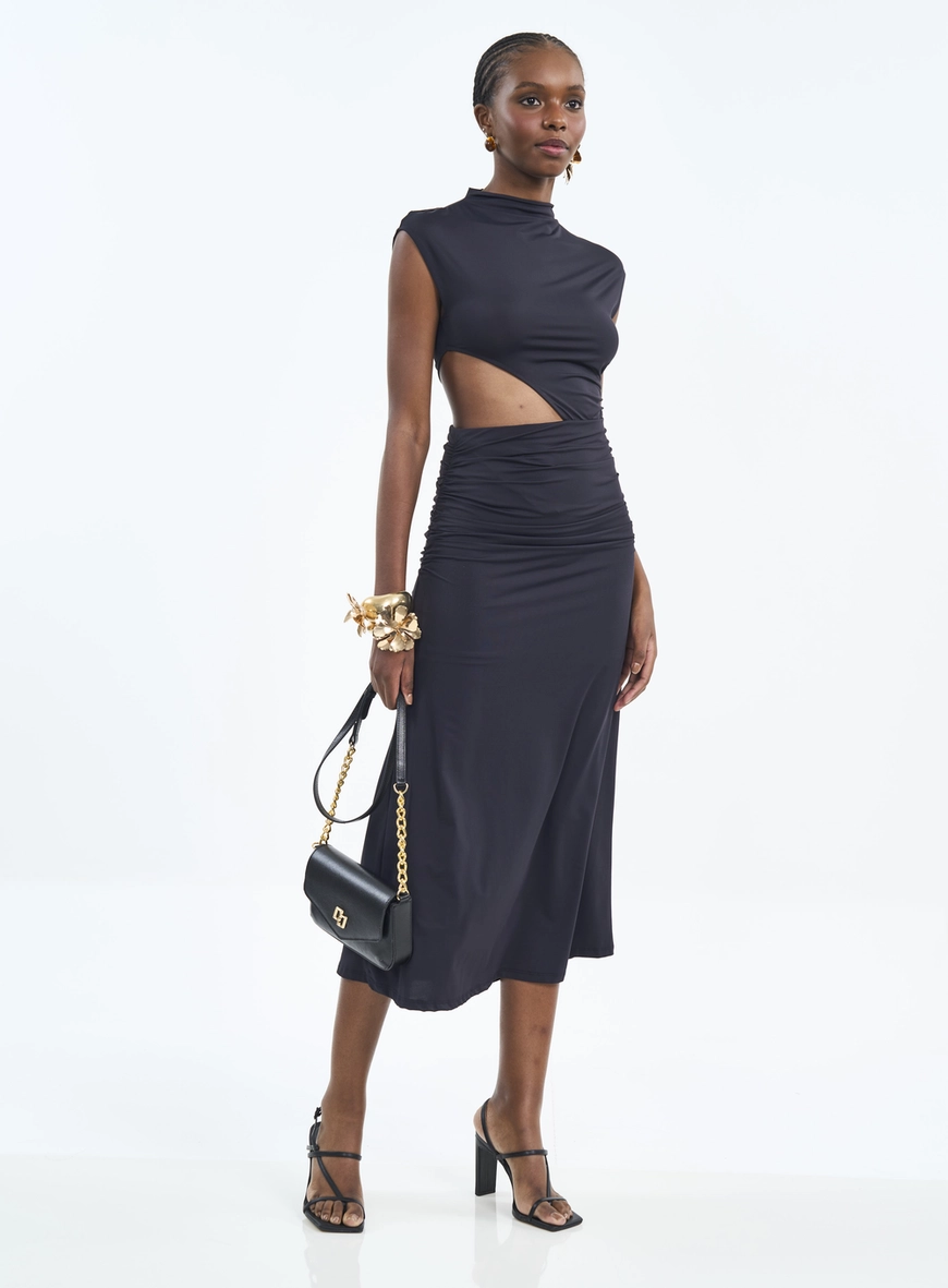 Vestido Midi Gola Alta Com Recorte E Franzidos