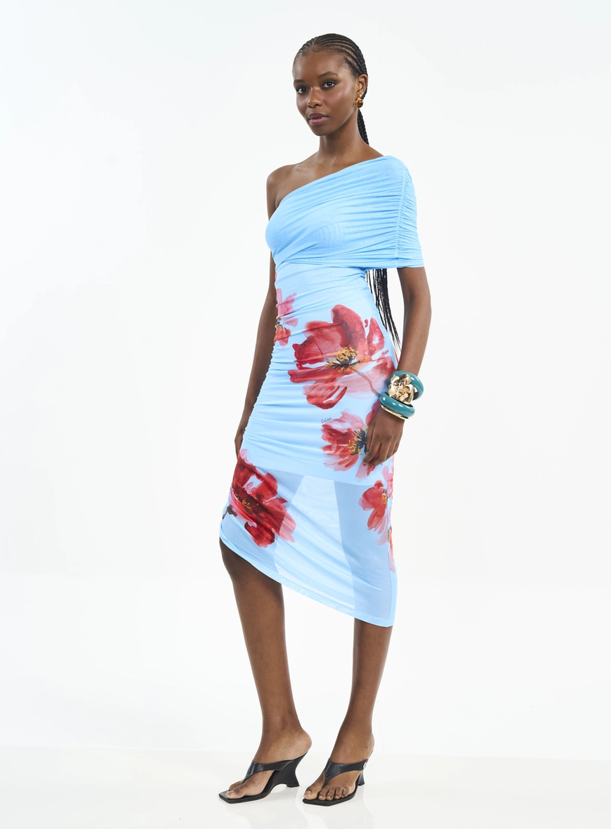 Vestido Midi Ombro Só Estampado Com Franzidos