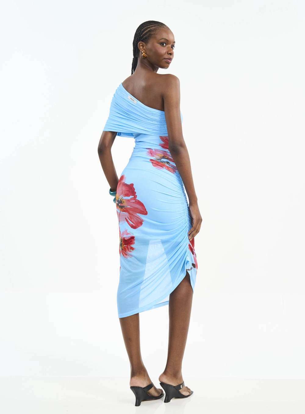Vestido Midi Ombro Só Estampado Com Franzidos Azul