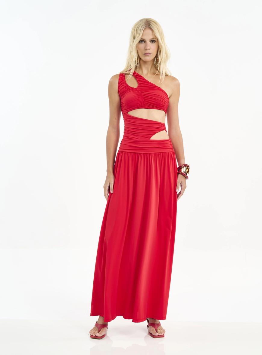 Vestido Longo Ombro Só Com Recortes E Franzidos
